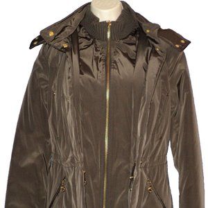 Betsey Johnson Jacket Coat Small Size S Brown Removable Hood Faux Fur Trim NEW